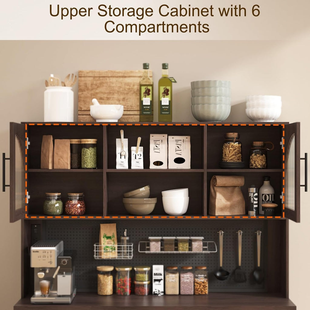 71" Tall Pantry Cabinet with Power Outlet & Pegboard, Kitchen Hutch Storage Cabinet with Arched Fluted Glass Doors, LED Lights, Wine Rack, Baskets & Adjustable Shelves, Brown