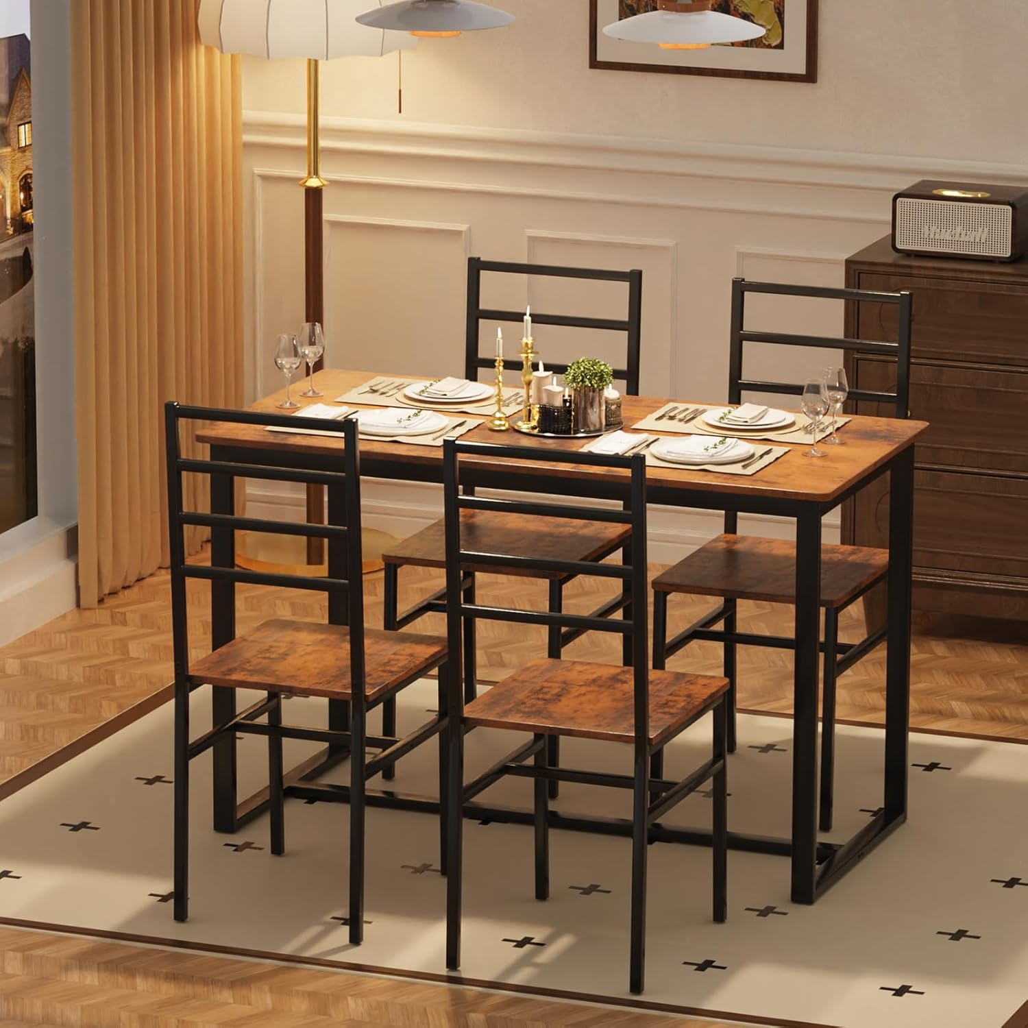 Kitchen Dining Table Set for 4, 5-Piece Kitchen Table and Chairs, Base Reinforcement Structure Dining Room Table Sets, Dining Table with 4 Chairs for Small Space, Dinette, Apartment