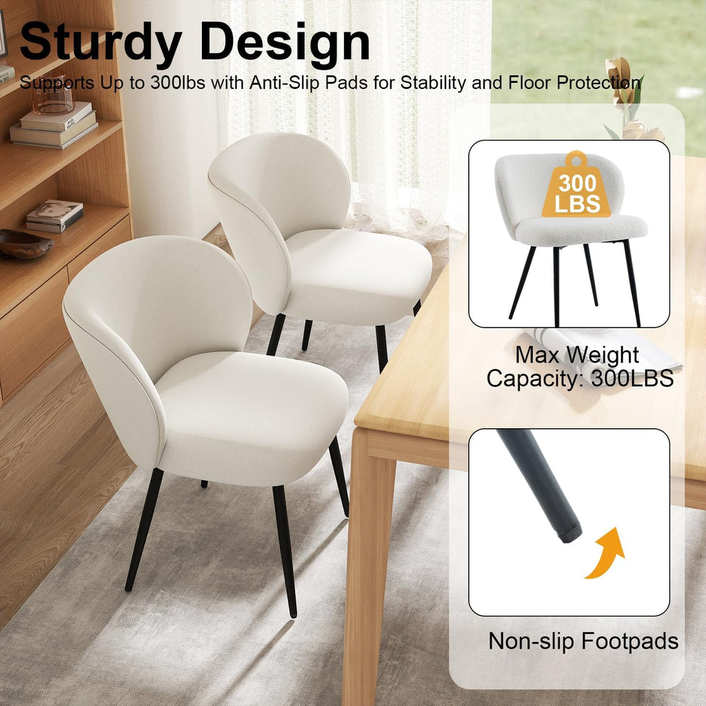Chairs Set of 2, Upholstered Fabric Dining Room Chairs, Makeup Vanity Chair Modern Accent Chairs Farmhouse Kitchen Dining Chairs with Metal Legs for Home Kitchen, Living Room, Ivory