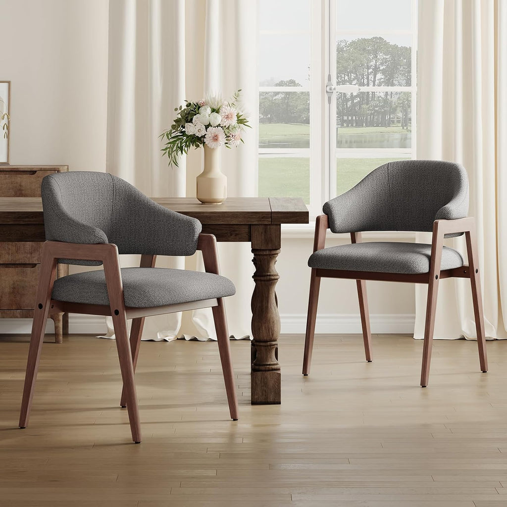 MALOL Wooden Dining Chairs Set of 2, Modern Fabric Upholstered Dining Room Chair, Kitchen Side Chairs, Farmhouse Dinner Chair with Curved Open Back for Kitchen, Grey