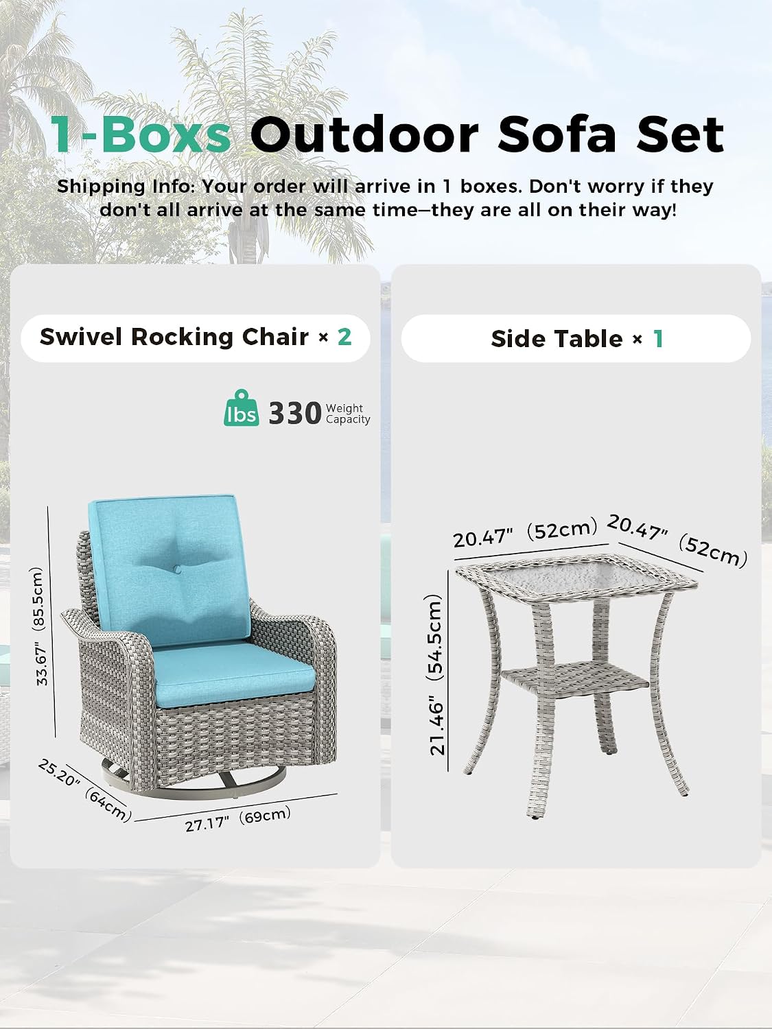 3 Piece Outdoor Patio Furniture Set,High Back Wicker Swivel Rocker Patio Chairs with 4" Thickened Cushions & Coffee Table, All-Weather PE Rattan for Garden, Backyard, Porch, Turquoise