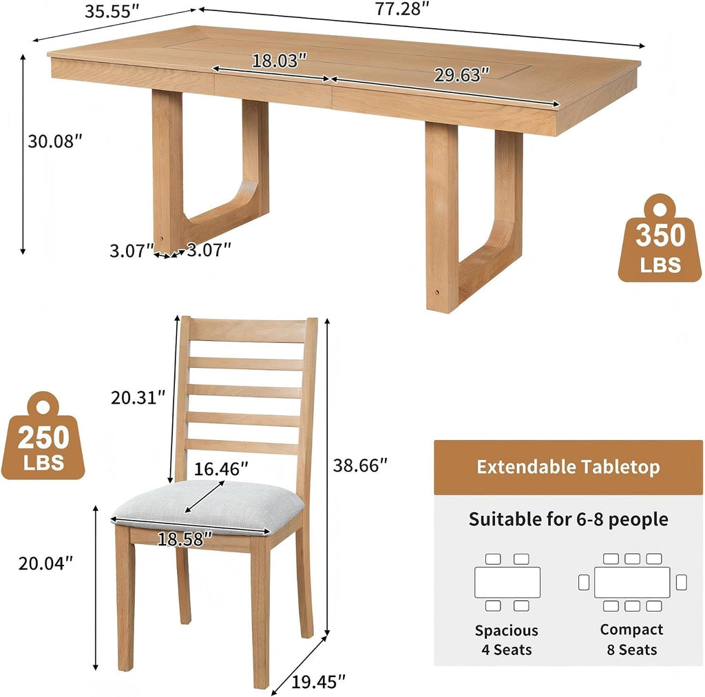 P PURLOVE 7 Piece Extendable Dining Table Set, Wooden Rustic Extendable Table with 18" Move Leaf and 6 piece Upholstered Chairs for Dining Room, Kitchen (Natural)