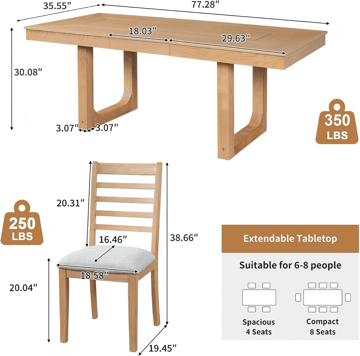 P PURLOVE 7 Piece Extendable Dining Table Set, Wooden Rustic Extendable Table with 18" Move Leaf and 6 piece Upholstered Chairs for Dining Room, Kitchen (Natural)