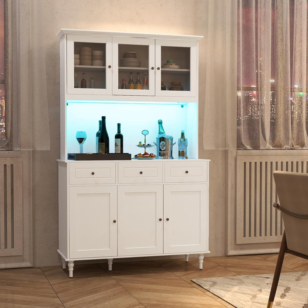 77" Large Kitchen Hutch with Charging Station, LED Pantry Cabinet with Microwave Shelf, Tall Cupboard with 4 Adjustable Shelves, 3 Drawers & Glass Doors, Dining Room Buffet with Hutch, White