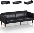 75 in Futon Sofa Bed, Faux Leather Convertible Couch with Adjustable Backrest, Side Pocket, Mid Century Modern Loveseat Sleeper Sofa for Living Room, Bedroom, Apartment, Small Spaces, Black