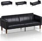 75 in Futon Sofa Bed, Faux Leather Convertible Couch with Adjustable Backrest, Side Pocket, Mid Century Modern Loveseat Sleeper Sofa for Living Room, Bedroom, Apartment, Small Spaces, Black