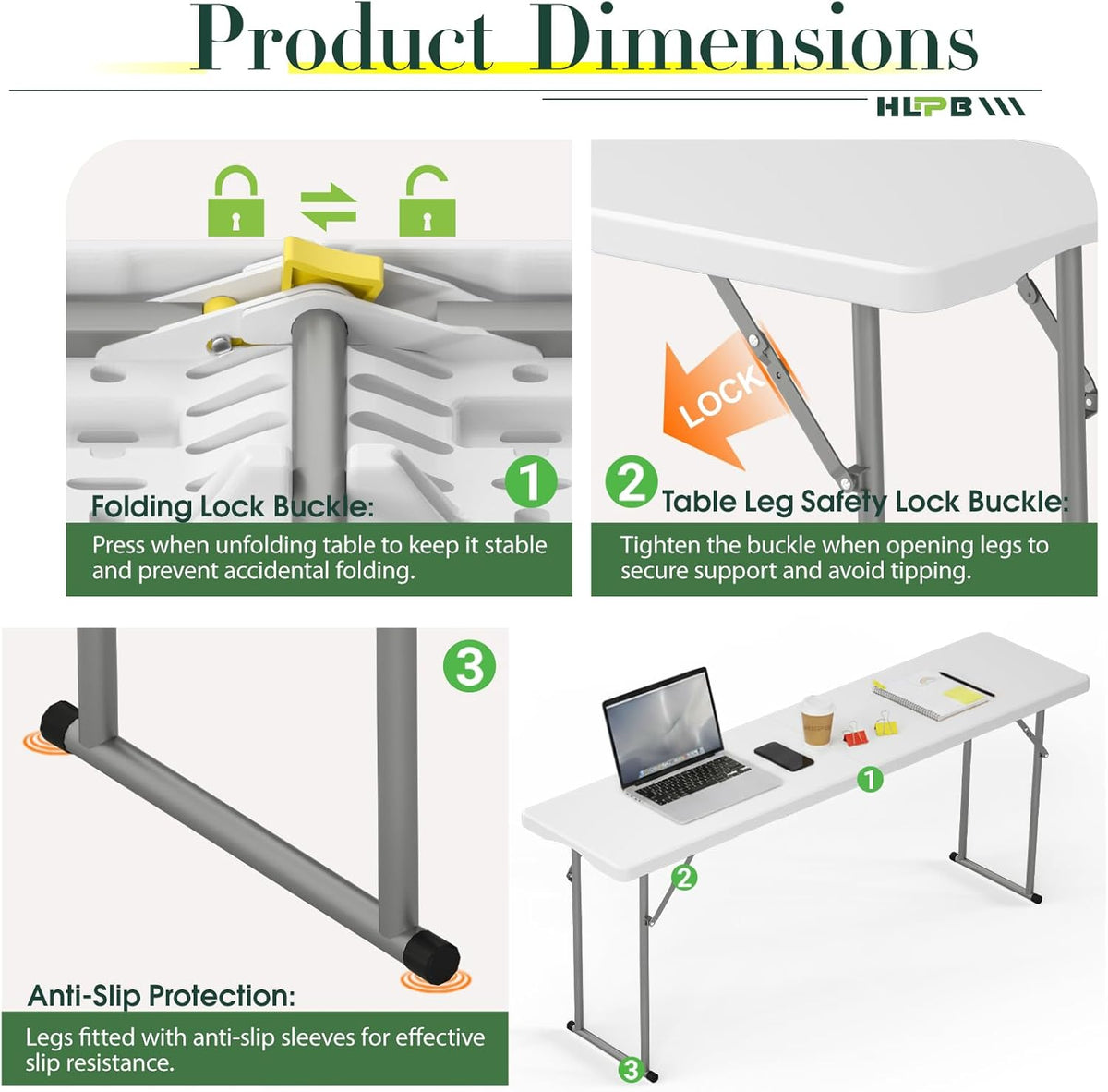 HLPB 6 FT Narrow Folding Table, Tabletop Fold-in-Half, Thickened HDPE Material and Thicker Metal Frame, Foldable with Handle & Safety Locks, Perfect for Meeting, Party, White