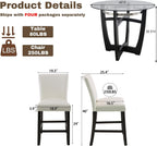 PADMA HOUSE Glass Pub Dining Set for 4, 45in Modern Round Wood Glass Counter Height Bar Table with 4 Leather Pub Stools 5 Pieces Round Bistro Dining Table Chair Set,Clear&Ivory