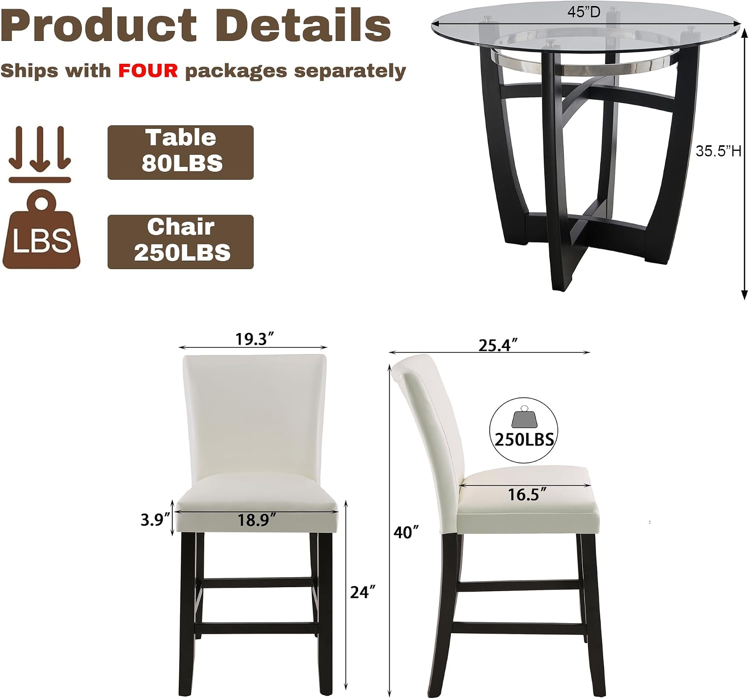 PADMA HOUSE Glass Pub Dining Set for 4, 45in Modern Round Wood Glass Counter Height Bar Table with 4 Leather Pub Stools 5 Pieces Round Bistro Dining Table Chair Set,Clear&Ivory