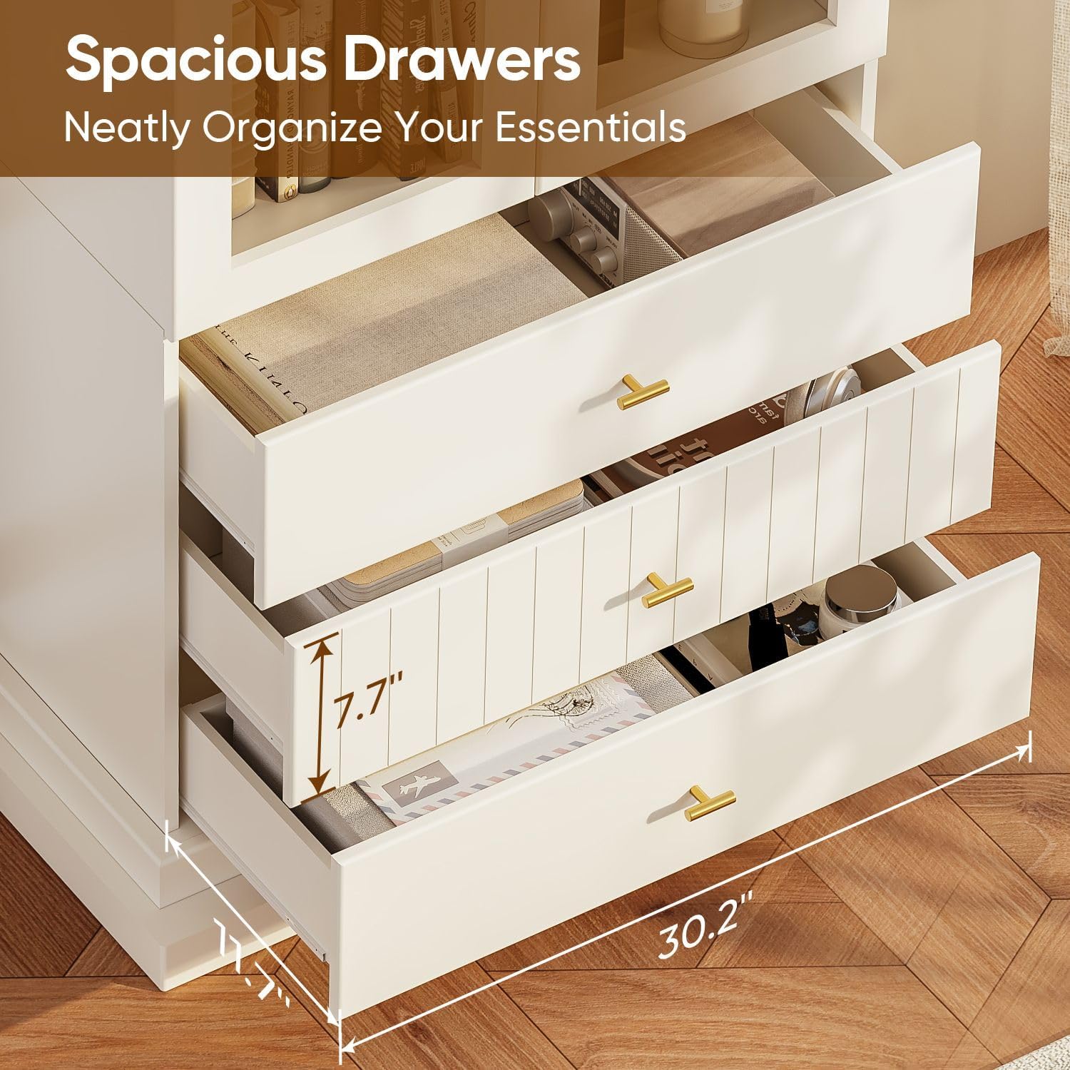71" Arched Kitchen Modern Pantry Storage Cabinet, Tall Display Cabinet for Living Room and Dining Room with 1 Glass Door and 1 Open Shelf Cabinet with Drawers, White with Gold Handles, 2 of Set