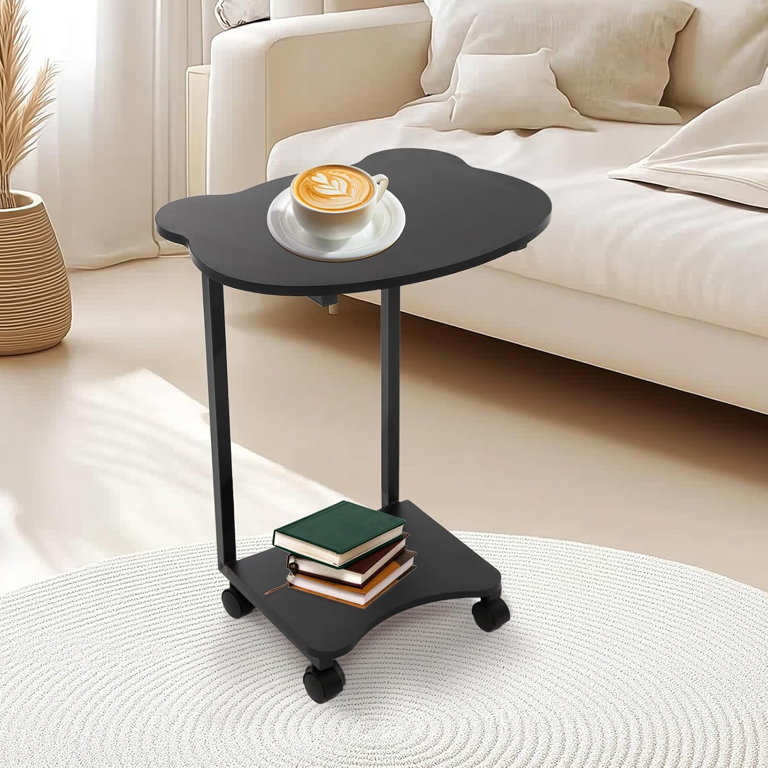 Portable Mobile Desk Side Table with Wheels, C Shaped White End Table for Bedrooms, Living Rooms, Offices, Reception Rooms, Panda Shaped Desktop