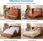 Mjkone Murphy Bed Queen with Mattress Included, Cabinet Murphy Bed with USB Charging Station & Storage Drawer, Mobile Cube Murphy Cabinet Chest Bed for Living Room Bedroom Apartment, Cherry