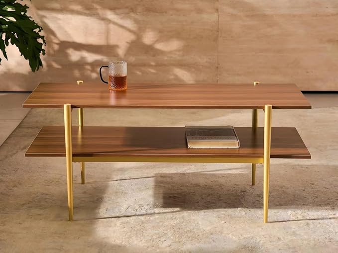 Shrine Rectangle Coffee Table, Mid-Century Modern Design, Two-Tier Walnut MDF Table, 41" D x 21" W x 17" H, Sleek Conical Metal Legs with Gold Finish