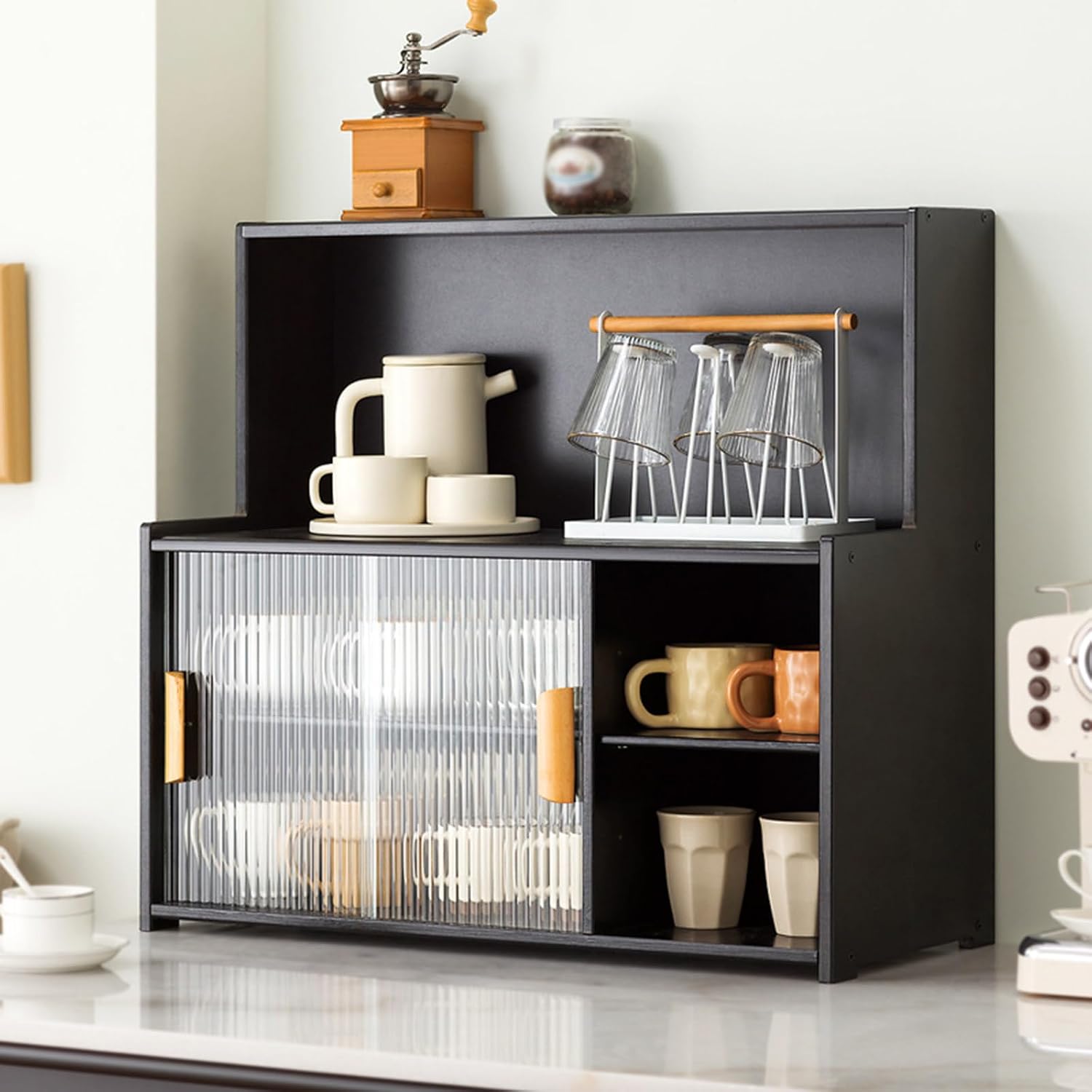 3-Tier Kitchen Pantry Sideboard Cabinet with Sliding Glass Doors, Storage Organizer for Dining Room, Ideal for Spices, Bottles, and Bowls, Countertop Accessory