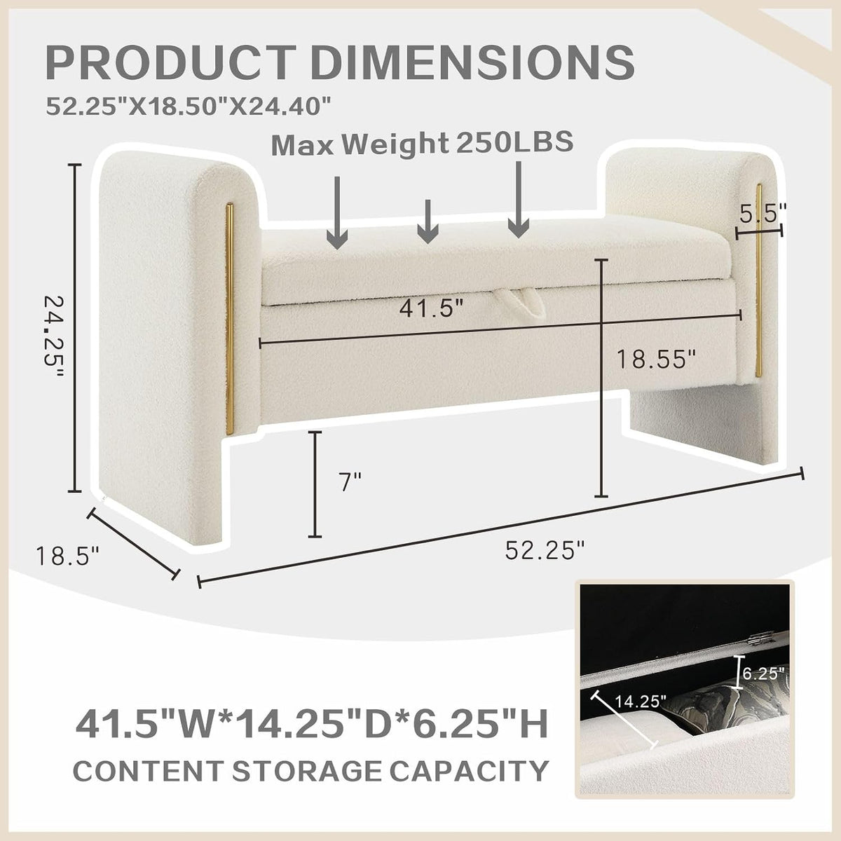 Modern 52" Storage Ottoman Bench, Upholstered End of Bed Storage Bench with Armrests, Entryway Bench, Teddy Foot Rest Stool for Living Room Hallway Bedroom (White)