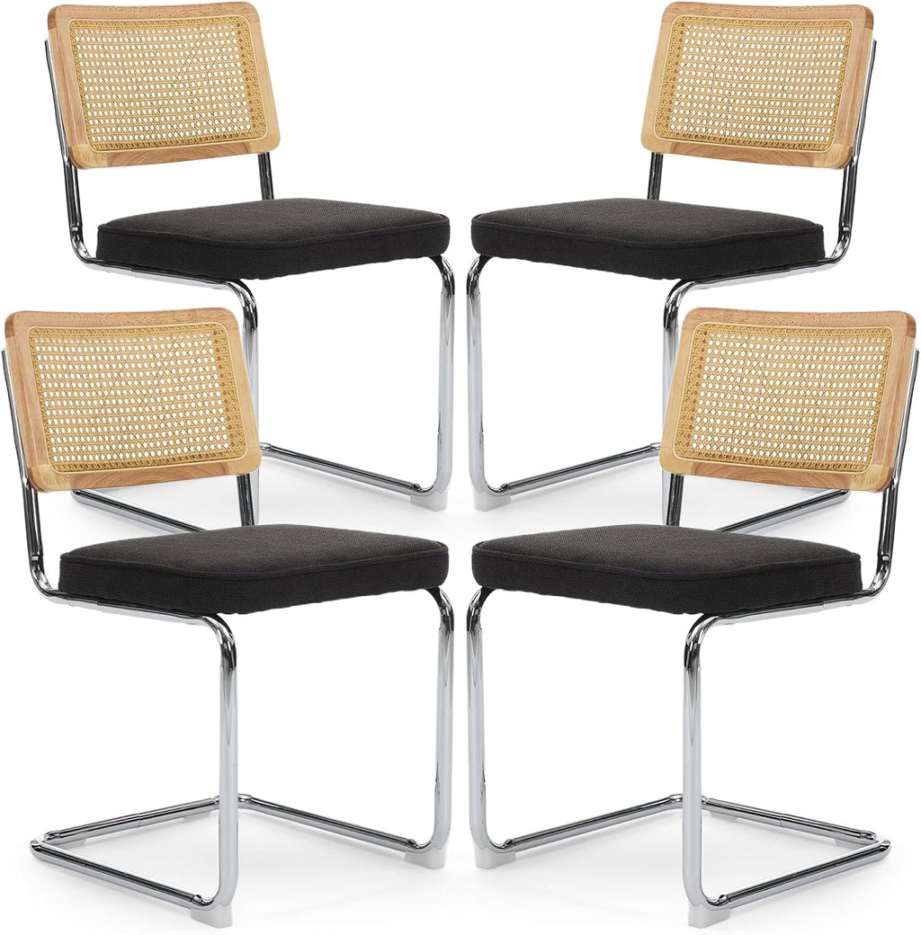 Rattan Back Linen Dining Chair Set of 4 Modern Breuer Designed Stainless Chrome Base Armless Upholstered Dining Chair for Dining Room, Kitchen Island(Black)