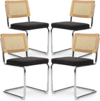 Rattan Back Linen Dining Chair Set of 4 Modern Breuer Designed Stainless Chrome Base Armless Upholstered Dining Chair for Dining Room, Kitchen Island(Black)