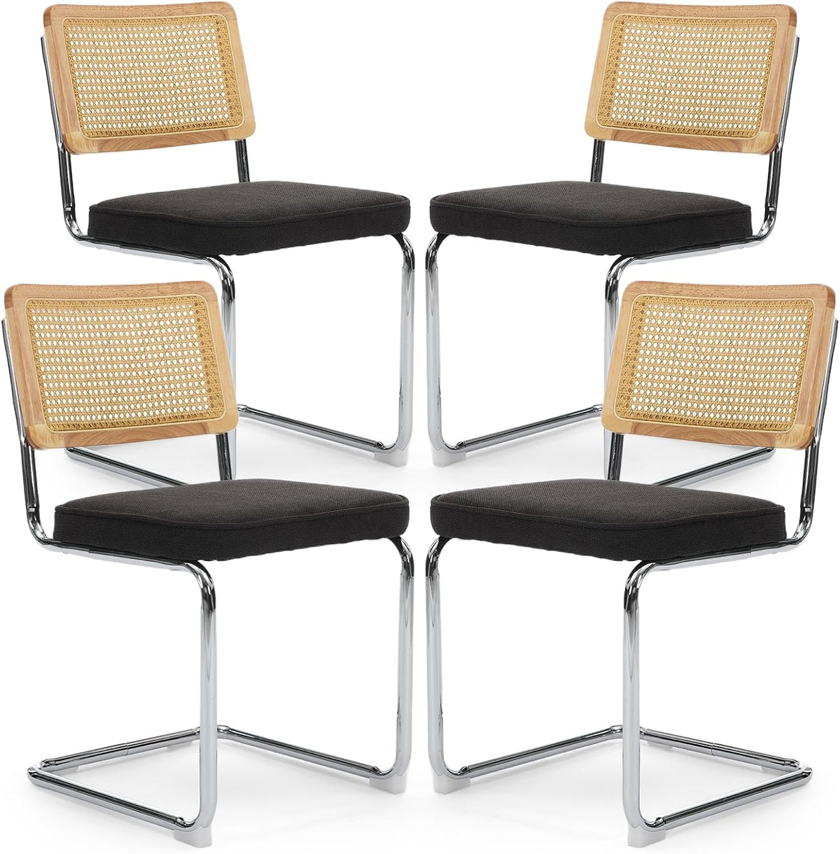 Rattan Back Linen Dining Chair Set of 4 Modern Breuer Designed Stainless Chrome Base Armless Upholstered Dining Chair for Dining Room, Kitchen Island(Black)