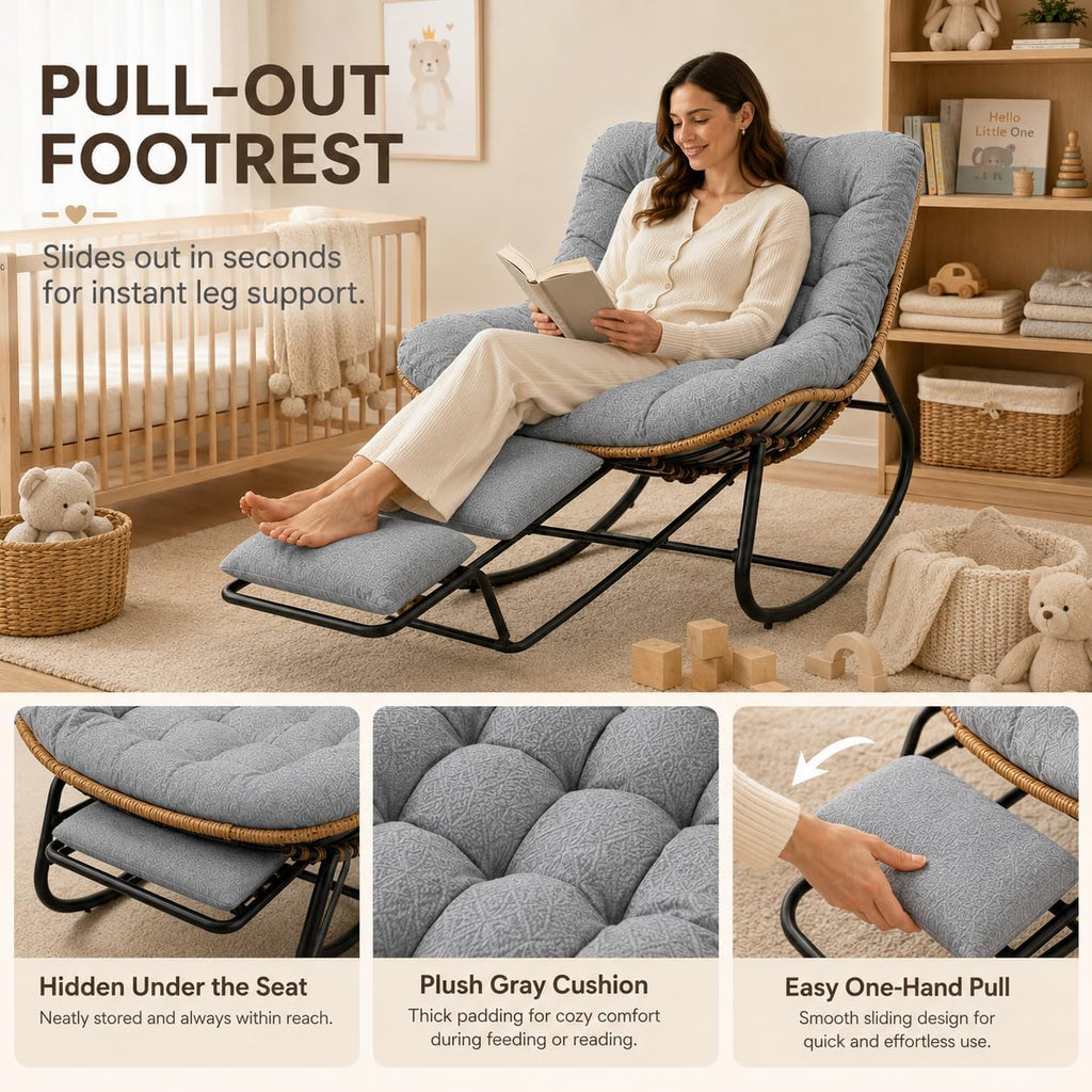 Oversized Rocking Chair with Zero-Gravity Foot Rest & Ottoman, Comfy Lounge Chair for Patio, Porch, Balcony, Indoor Reading Nook, Big Cozy Chaise Chair for Outdoor & Home Use, Grey