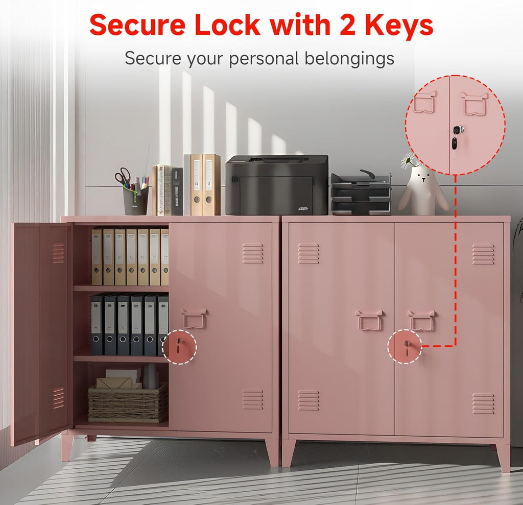 Locking Storage Cabinet Garage Metal Storage Cabinet with 2 Adjustable Shelves and Doors, Storage Cabinet with Lock & Keys for Home School Office (Pink)