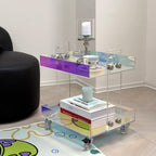 Acrylic End Table with Wheels, 2/3 Tiers Acrylic Bar Cart, Rolling Utility Cart with Handle, Colorful Clear Side Table for Drink, Food, Snack Used in Living Room, Bedroom, Study(16.4''x13.4''x18.9'')