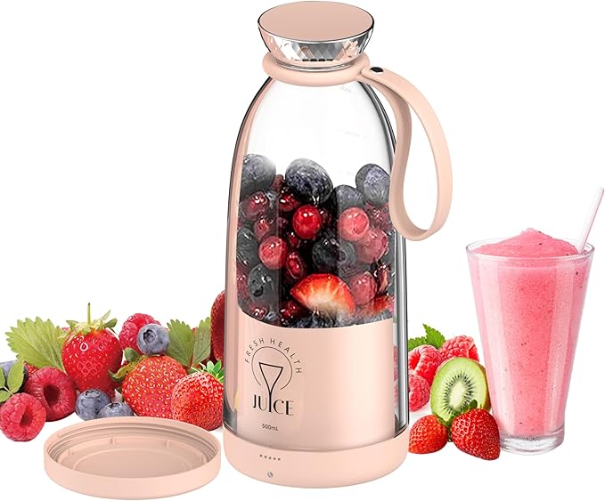 Portable Blender, Personal Smoothie Maker with 6 Blades, Rechargeable Mini Juicer Cup, 17 oz with Travel Lid for Outdoors, Camping, Office, Kitchen (Pink)