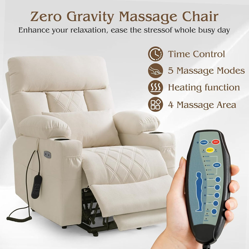 Power Lift Recliner Chair for Elderly with Extended Footrest, Infinite Position Lay Flat Recliner Chair for Adult W/Massage & Heating, Adjustable Headrest, 3-Motor Zero Gravity,Cup Holder, Fabric