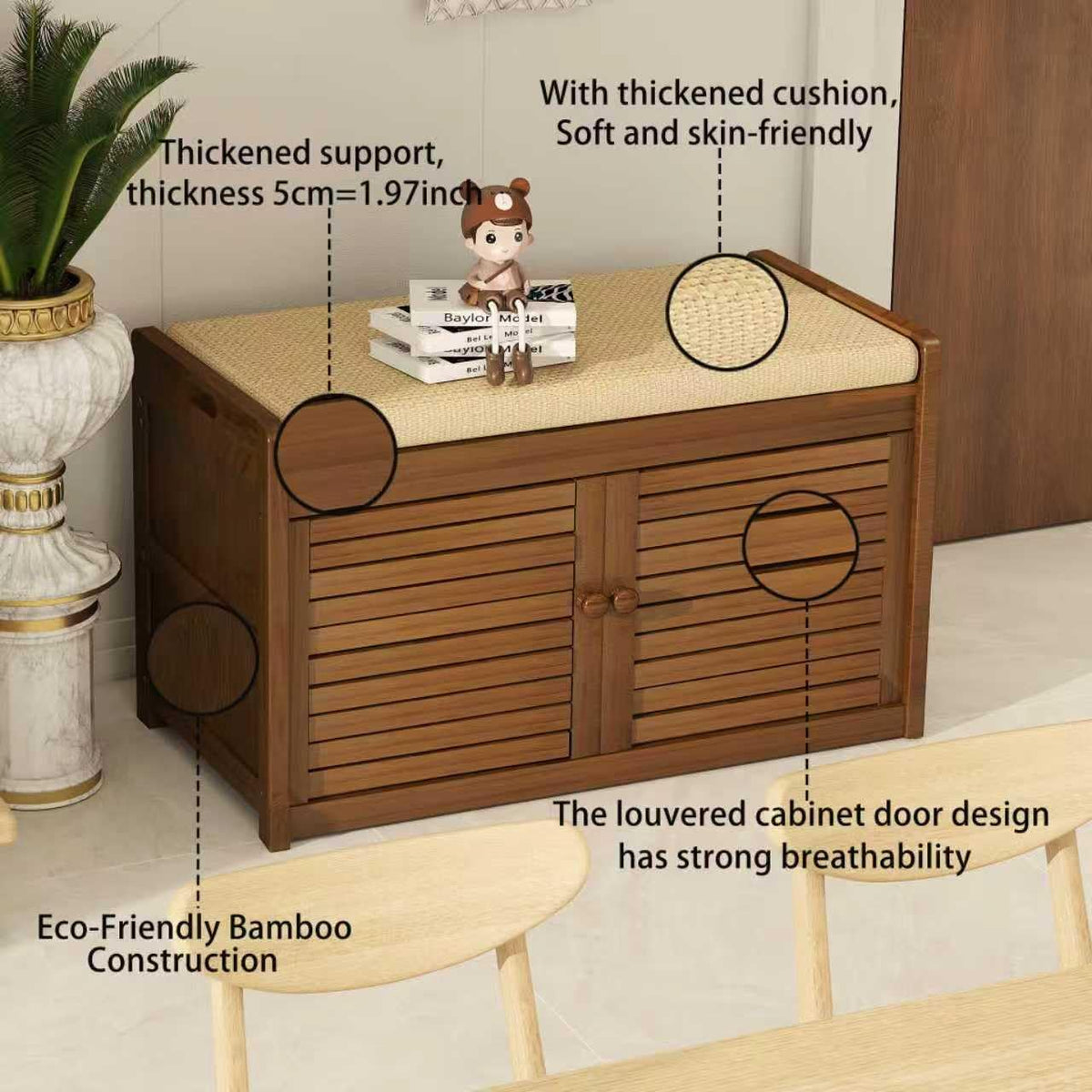 Wilk Shoe Storage Bench, 2-Tier Shoe Cabinet with Padded Seat Cushion, Bamboo Entryway Bench with 2 Doors (31.49’’(L) x13.78’’(W) x18.9''(H))