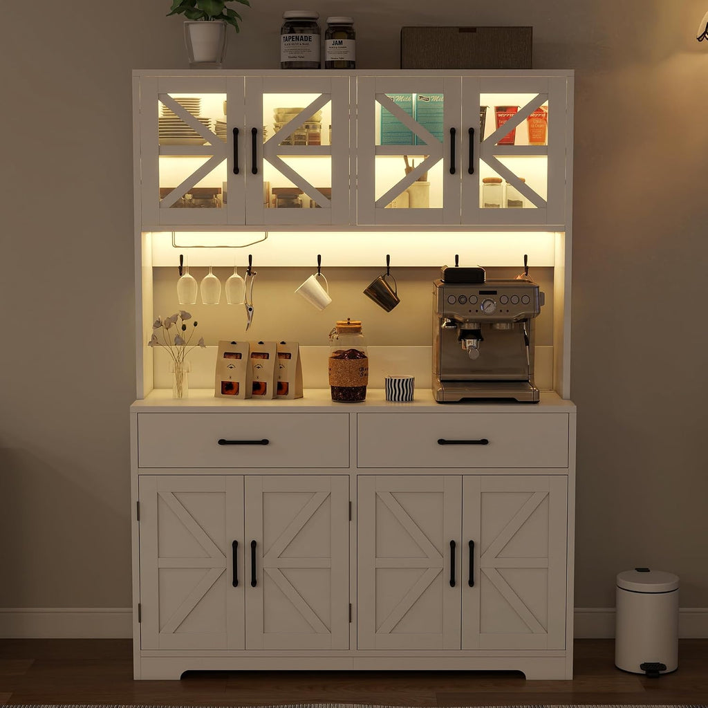 MUUEGM 71''Tall Kitchen Hutch with LED Lights & Power Outlet, Wood Food Kitchen Pantry Cabinet with Adjustable Shelves & 4 Cabinets & Microwave Stand & 2 Drawers for Dining Room,Living Room, White