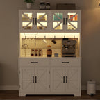 MUUEGM 71''Tall Kitchen Hutch with LED Lights & Power Outlet, Wood Food Kitchen Pantry Cabinet with Adjustable Shelves & 4 Cabinets & Microwave Stand & 2 Drawers for Dining Room,Living Room, White