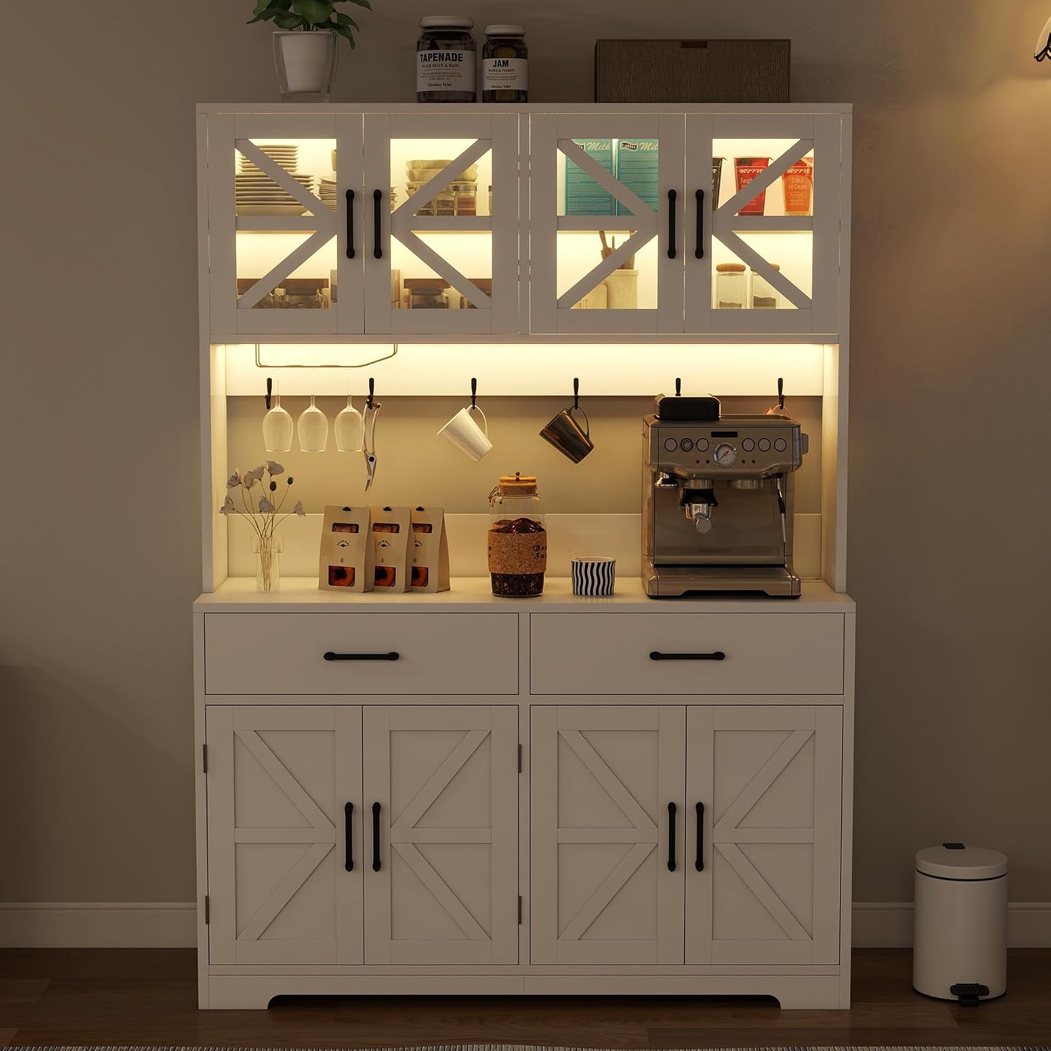 MUUEGM 71''Tall Kitchen Hutch with LED Lights & Power Outlet, Wood Food Kitchen Pantry Cabinet with Adjustable Shelves & 4 Cabinets & Microwave Stand & 2 Drawers for Dining Room,Living Room, White