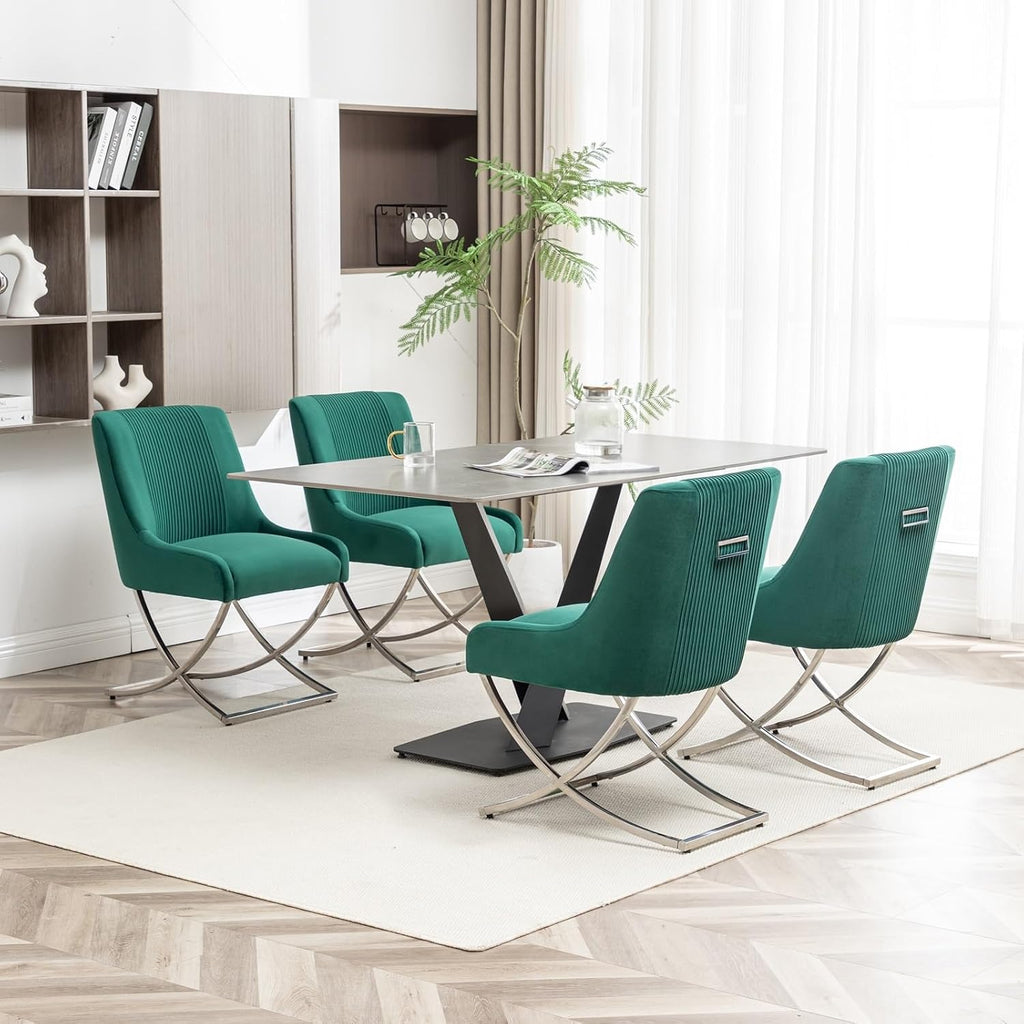 Kitchen Dining Chairs Set of 4,Accent Modern Upholstered Velevt,Contemporary Tufted Metal Chairs with X-Shaped Sliver Legs for Dining Room,Living Room, Reception Room(Dark Green)