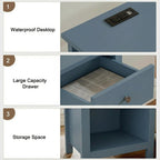 ChooChoo Farmhouse Nightstand with Charging Station Set of 2 | Wooden Top Bedside End Table with Drawer and Storage Space for Bedroom, Blue