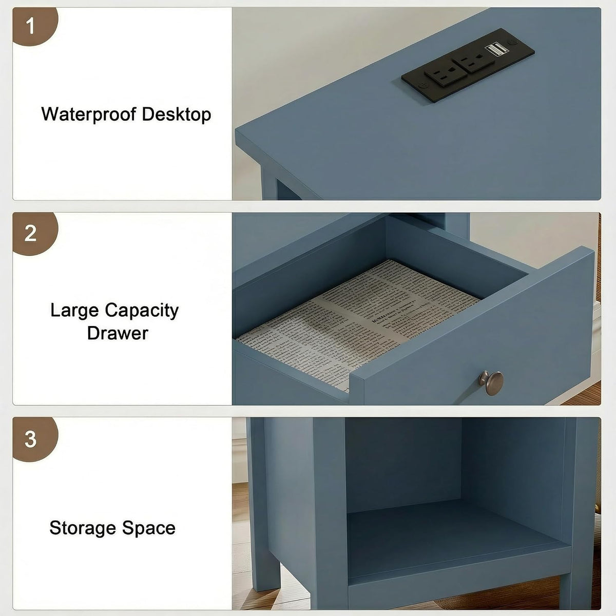 ChooChoo Farmhouse Nightstand with Charging Station Set of 2 | Wooden Top Bedside End Table with Drawer and Storage Space for Bedroom, Blue