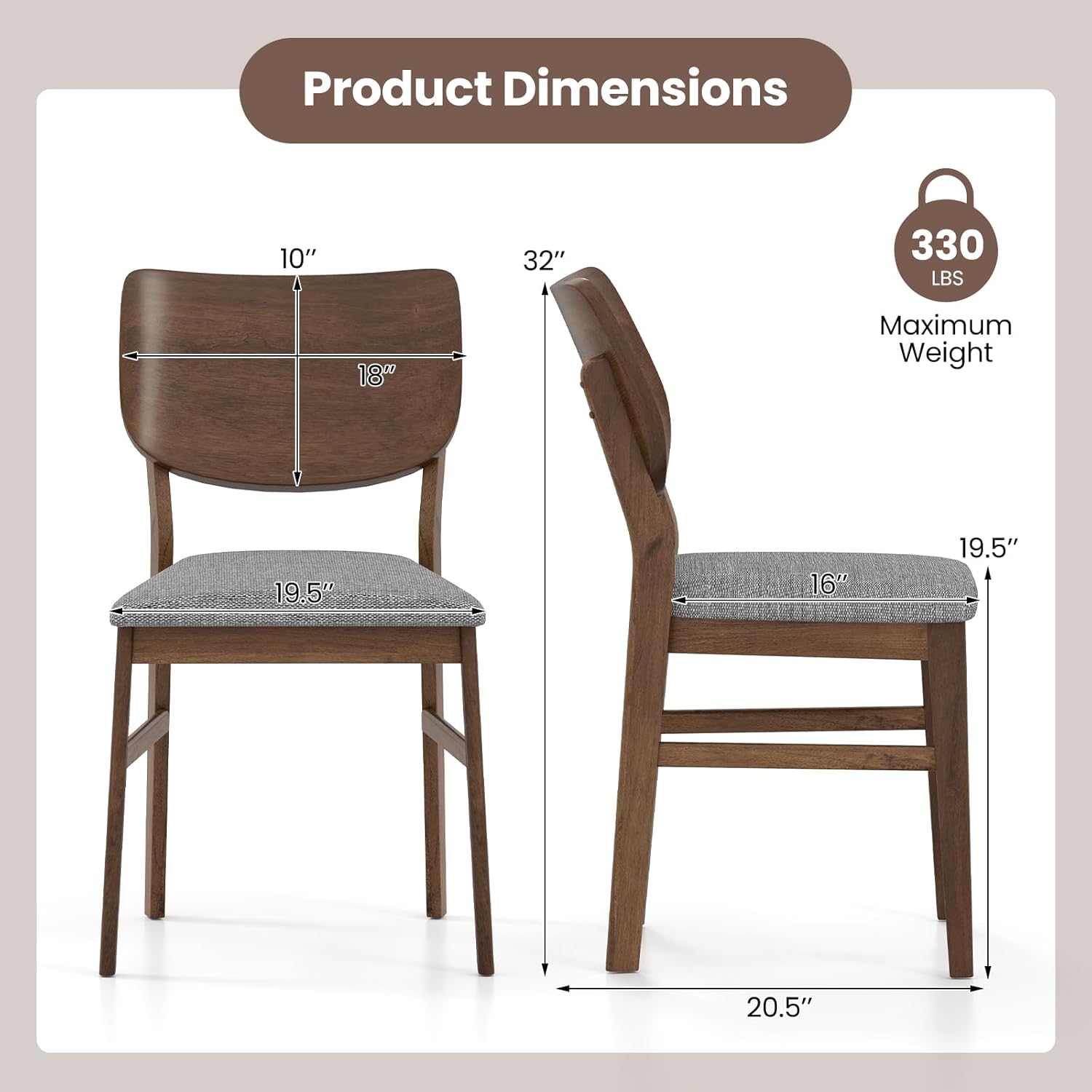 Giantex Wooden Dining Chairs Set of 4, Farmhouse Upholstered Kitchen Chairs w/Rubber Wood Frame, Gray Padded Seat, Curved Back, Armless Fabric Side Chairs for Dining Room, Living Room
