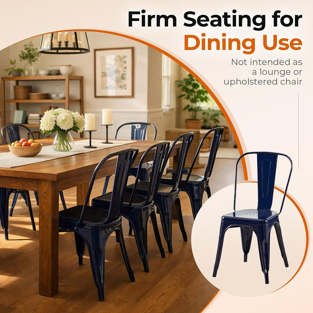 Stackable Metal Dining Chairs Set of 4, Sapphire Glow | Set of four sapphire blue steel chairs with 330 lb capacity for dining rooms, kitchens, cafes and covered patios.