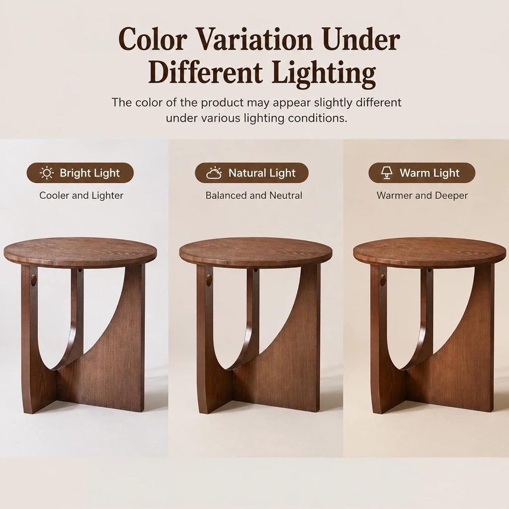 100% Solid Wood Round Side Table, 19.7'' Walnut Brown Small End Table, Sofa Side Table with Sculptural Curved Base, Minimalist Accent Table for Living Room, Bedroom, Reading Nook