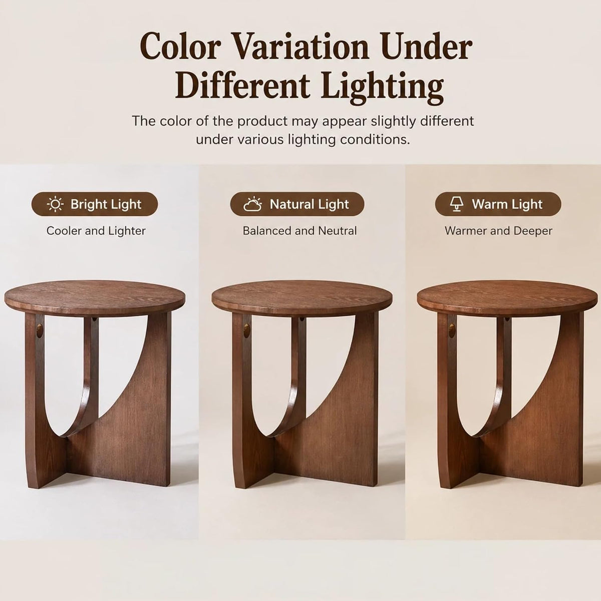 100% Solid Wood Round Side Table, 19.7'' Walnut Brown Small End Table, Sofa Side Table with Sculptural Curved Base, Minimalist Accent Table for Living Room, Bedroom, Reading Nook