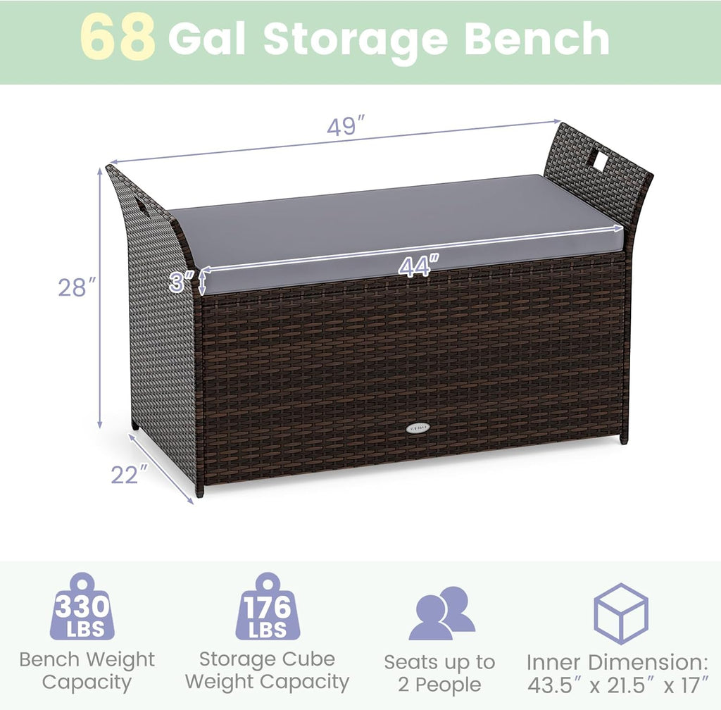 RELAX4LIFE Wicker Outdoor Storage Bench - 68 Gallon Rattan Deck Box w/Side Handles & Soft Cushion for Pillows, Garden Tools, Pool Accessories, Sports Equipment, Patio Bench with Storage for Porch