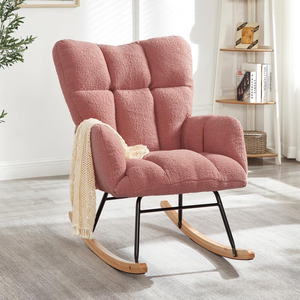 Tufted Upholstered Teddy Fabric Glider Rocking Chair with Metal Frame, Ergonomic Accent Chair for Living Room, Bedroom, and Leisure Spaces (Pink + Teddy)