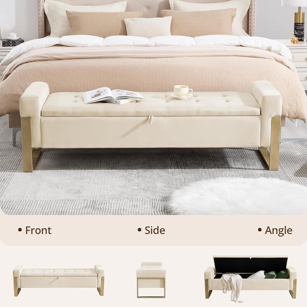 End of Bed Storage Bench, 67'' Bench for Bedroom Foot of Bed King Size, Modern Velvet Storage Ottoman Benches with Gold Legs for Windows Living Room, Beige