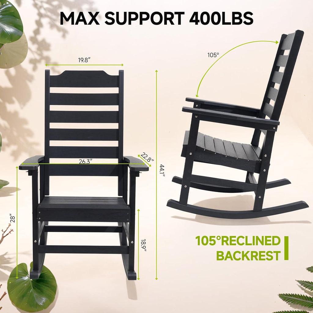 Rocking Chair Set of 2,All Weather Courtyard for Outside Balcony Gardens，High Back Outdoor Rocking Chair with 400lbs，Black