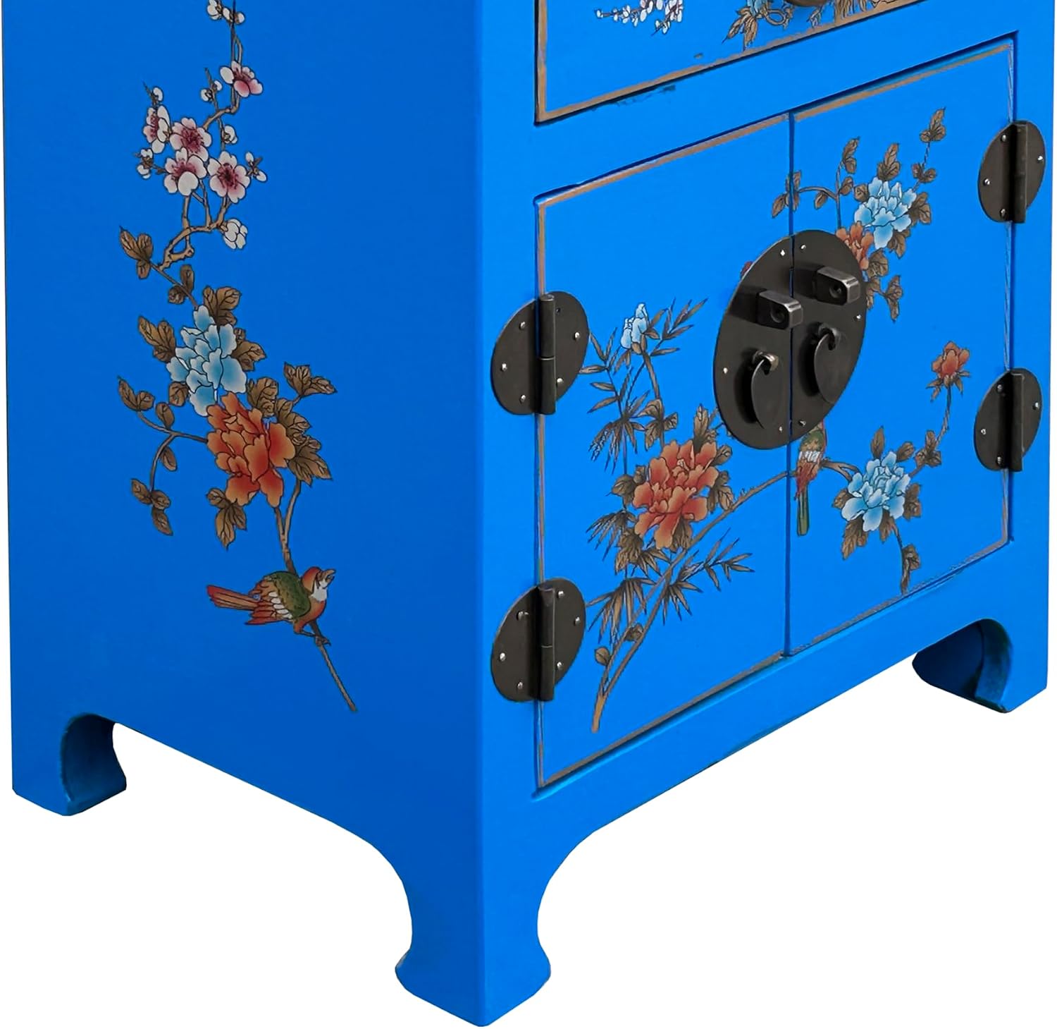 Chinese Bright Blue Vinyl Moon Face Flower Birds End Table Nightstand AGB064