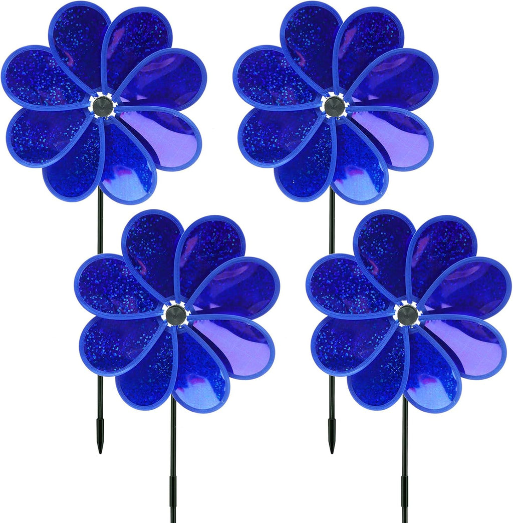 4PCS Flower Wind Spinner Sparkly Lawn Pinwheel 11.8 inch Dark Blue Garden Windmill for 4th of July, Garden, Party, Outdoor, Yard Decor