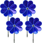 4PCS Flower Wind Spinner Sparkly Lawn Pinwheel 11.8 inch Dark Blue Garden Windmill for 4th of July, Garden, Party, Outdoor, Yard Decor