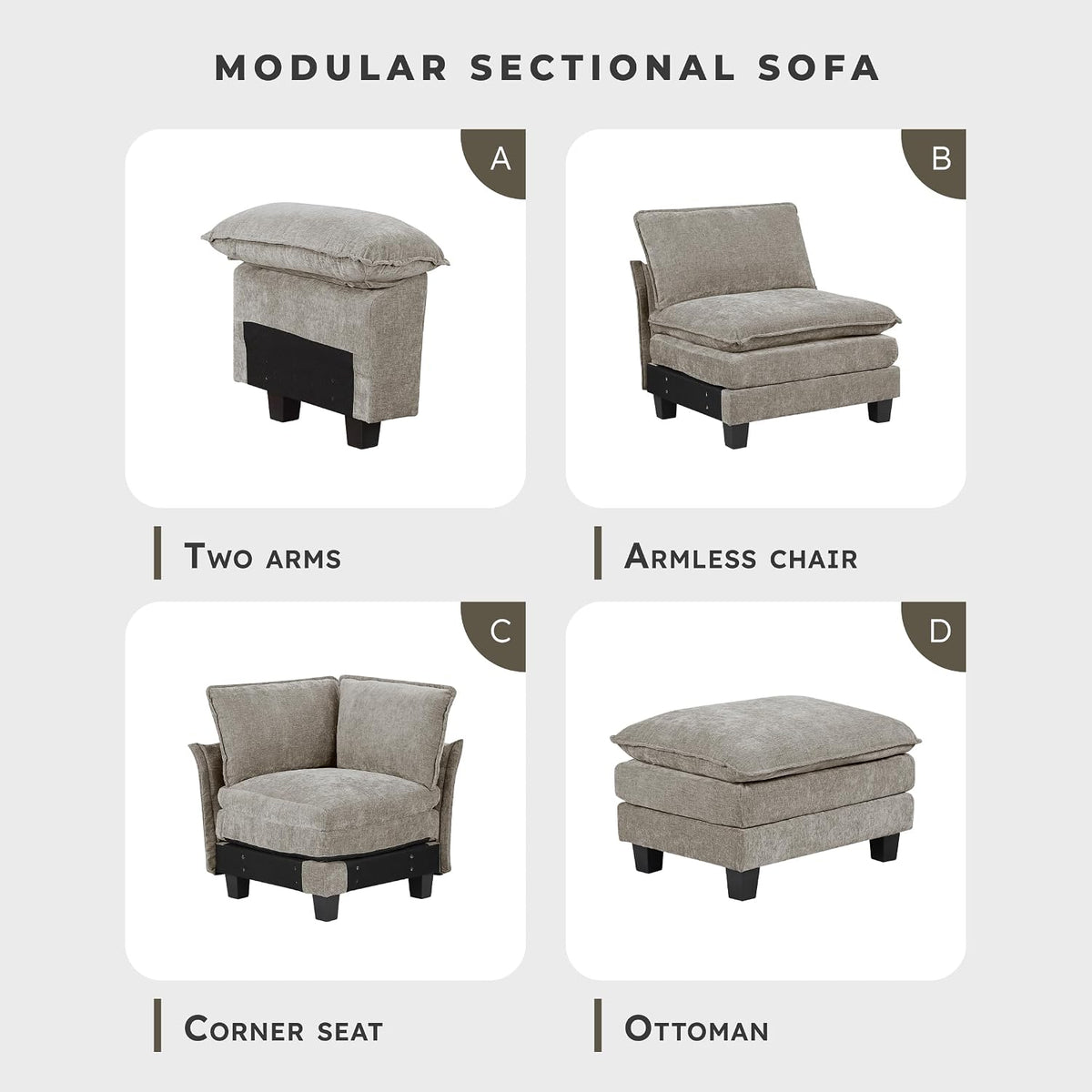 Lexicon Chenille Upholstered Rectangle Ottoman, Foot Stool, Black Faux Wood Feet, Durable Frame, Large Padded, Modular Sectional Couch Add Ons for Living Room, Bedroom, Assembly Required, Dark Pewter