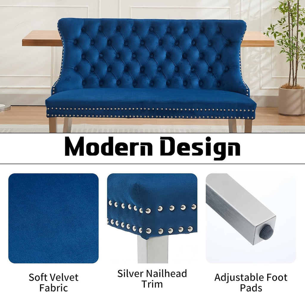 Shenyon Velvet Upholstered Dining Bench with Back, Tufted Loveseat Bench with Silver Stainless Steel Legs and Nailhead Trim, Banquette Seating for Dining Room, Kitchen, Entryway (Blue, Dining Bench)