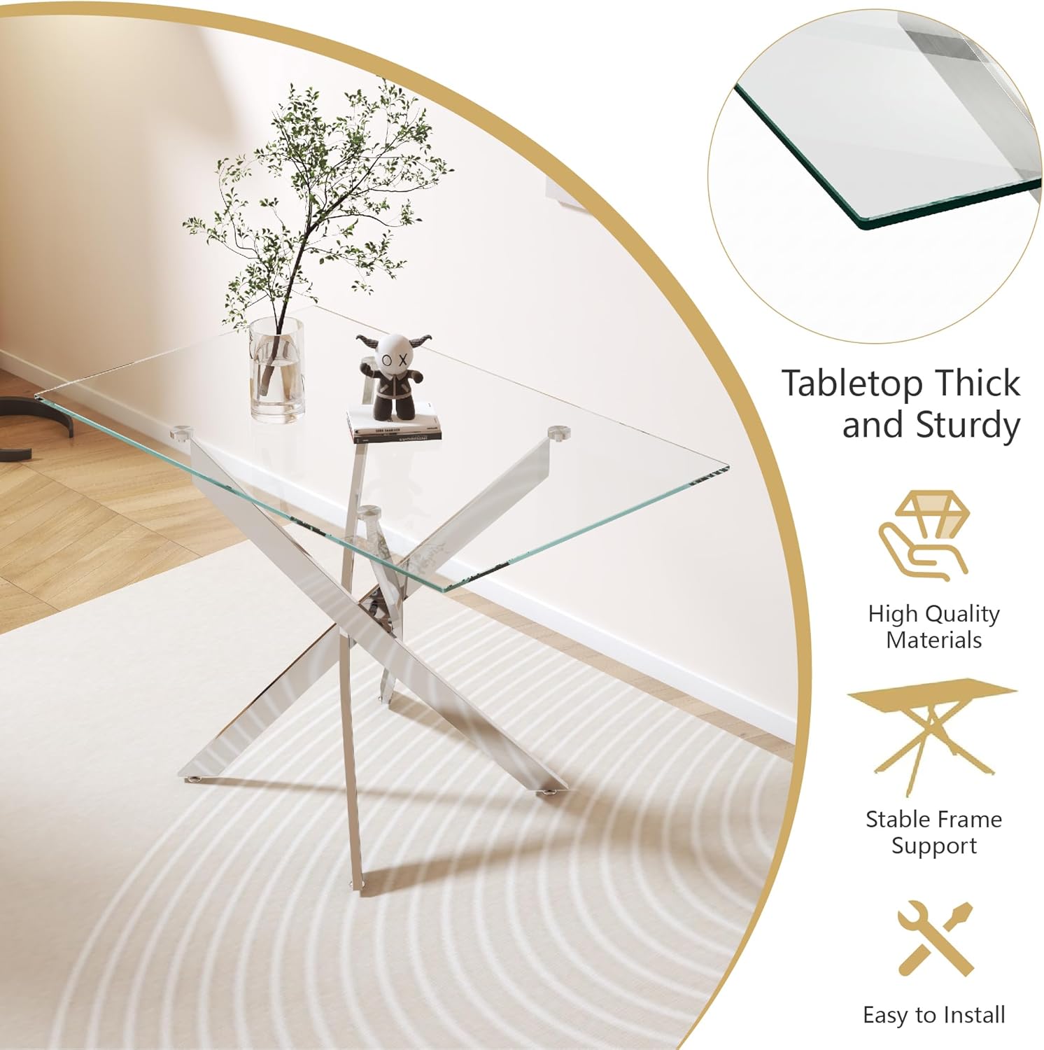5 Piece Glass Dining Table Set for 4, Modern Kitchen Table and Chairs Set, Tempered Glass Table with 4 Upholstered Chairs, Space-Saving Dining Set for Small Apartment, Kitchen (Silver&White)