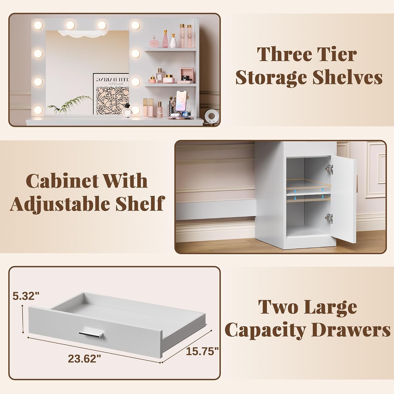 YESHOMY 35.4" Vanity Desk with Mirror & Lights, Power Outlet,Fresh White | 3 Storage Shelves, Makeup Vanity Table with Open Shelves for Bedroom Dressing Room