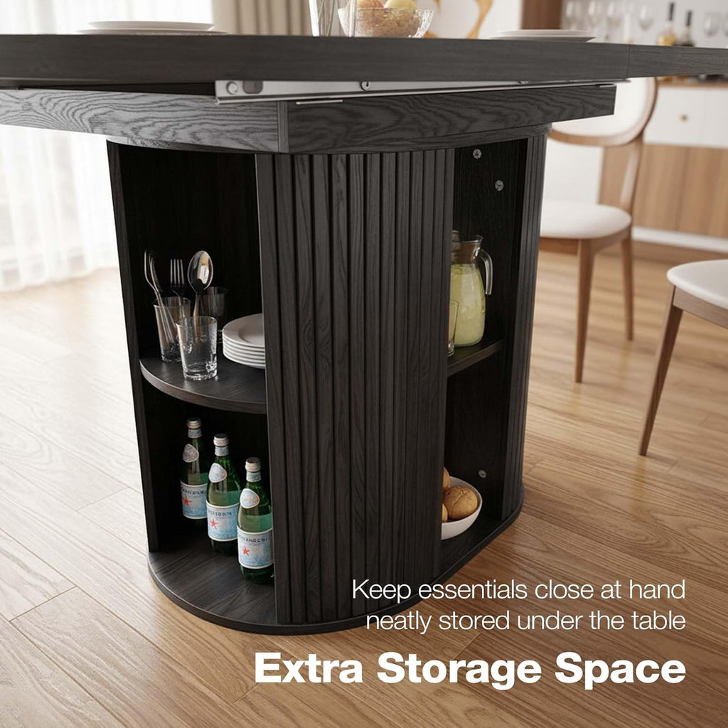 43.3''–59'' Extendable Round Dining Table for 4–8, Modern Wood Oval Kitchen Table with Storage Shelf, Space-Saving Expandable Circle Dinner Table for Dining Room or Living Room (Black)